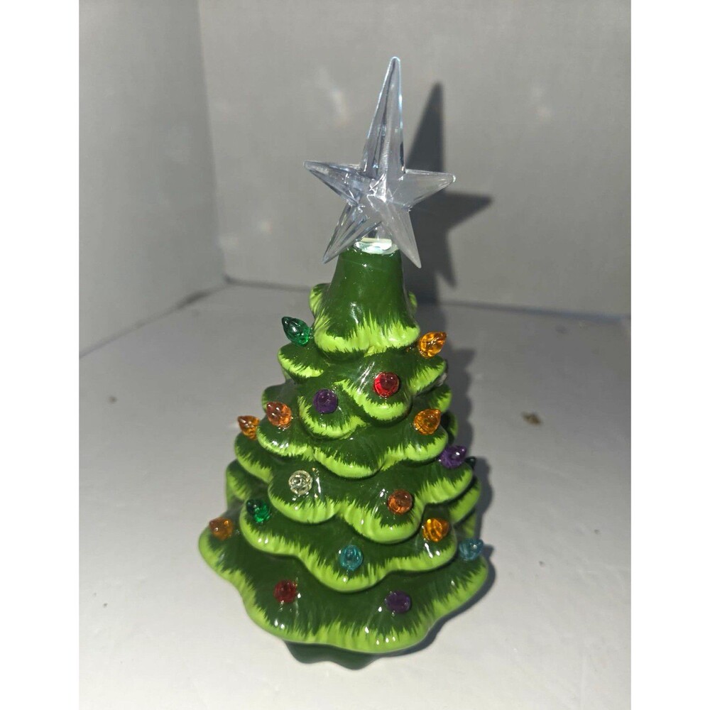 Ceramic Light-Up Tabletop Christmas Tree Figurine, 7in, Multicolor, Star Top